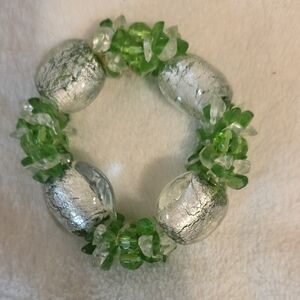 Green and Silver Beaded Stretch Bracelet - Women's Jewelry
